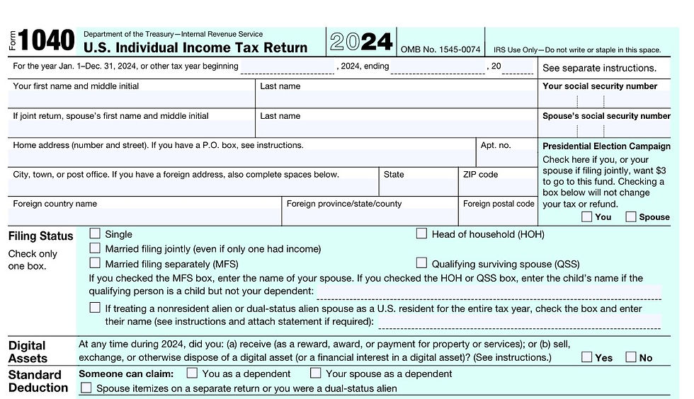 Form 1040 U.S. Individual Income Tax Return. Blank from Internal Revenue Service (IRS). https://www.irs.gov/pub/irs-pdf/f1040.pdf