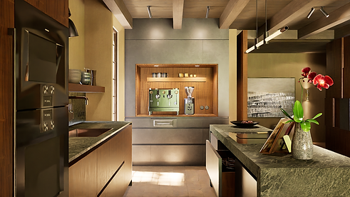 Bespoke interior design kitchen green marble steel cabinet doors coffee bamboo fineer