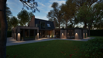 Gevelontwerp van villa in Bussum. Dubbele aanbouw met sfeerverlichting of ook wel gevelverlichting. Inclusief overkapping en terras