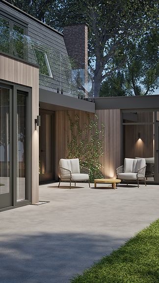 Exterieur ontwerp van woning in bussum. Dubbele aanbouw met houten gevelbkleding en alumnium kozijnen