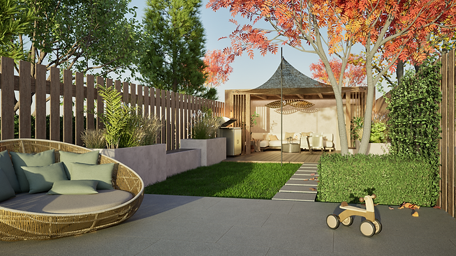 garden design by studio Studio Å, bespoke interior, pergola, wood, beige. tiles 