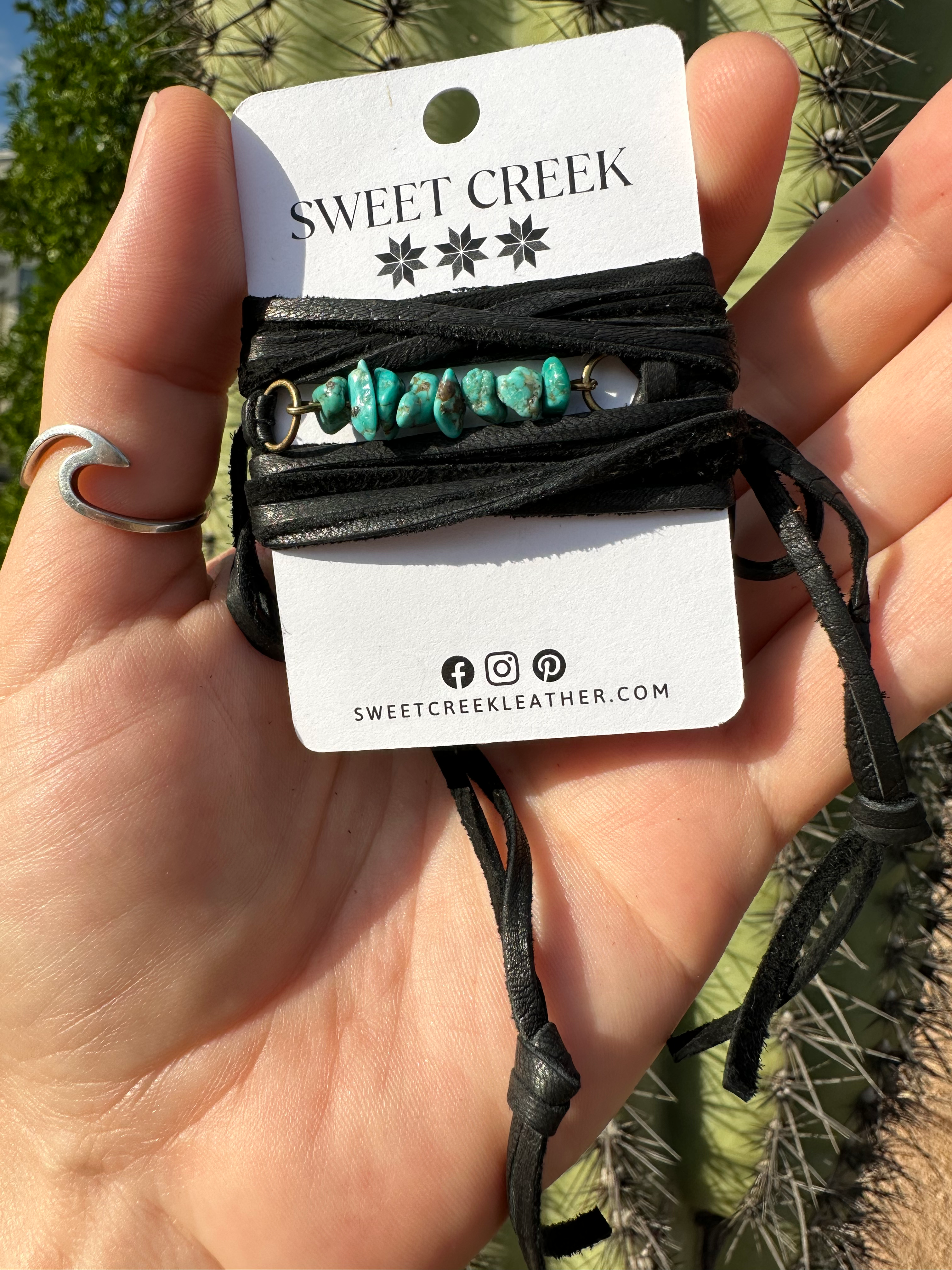 Handmade Moonbeam Leather and Turquoise Wrap in Black