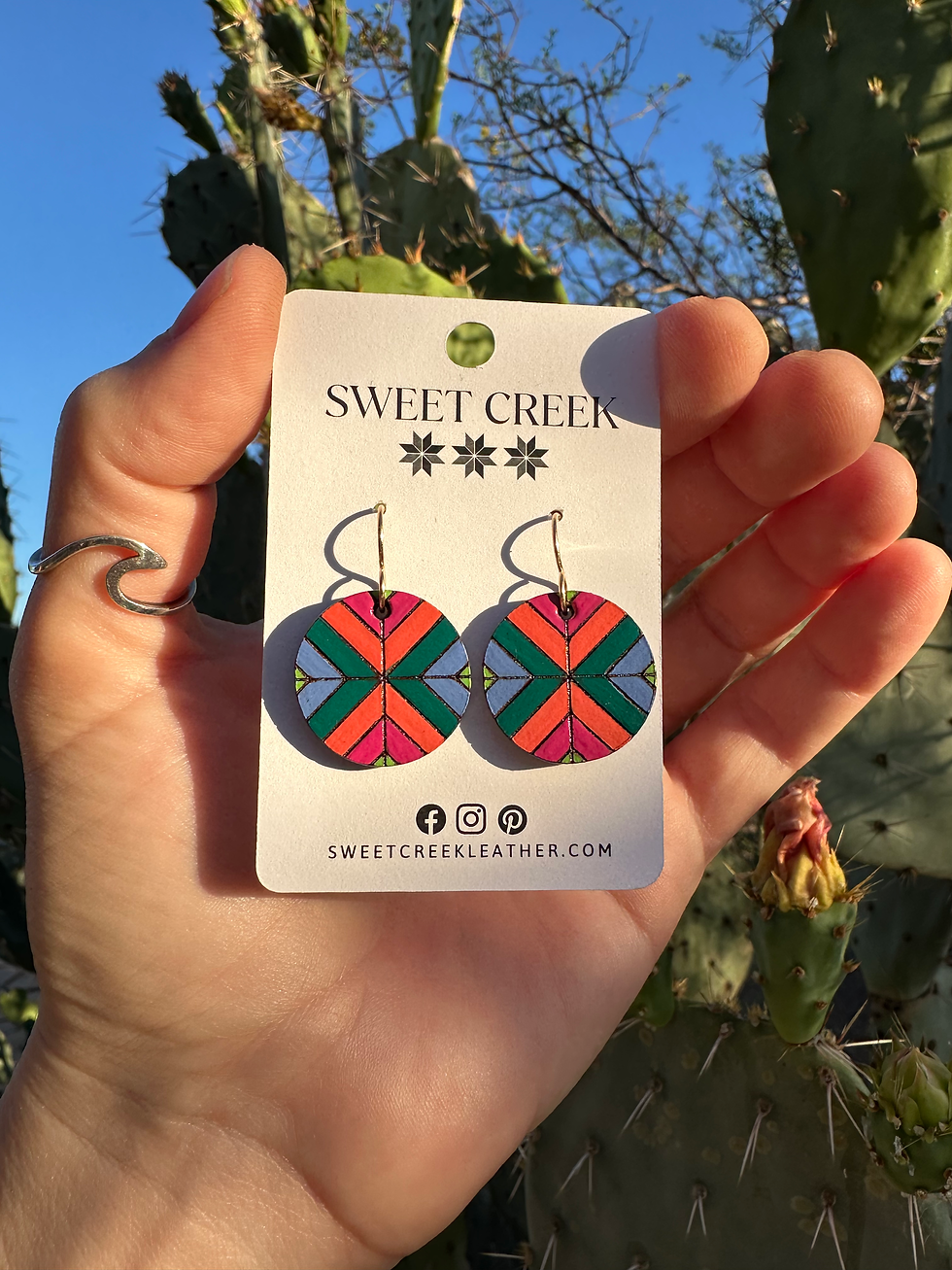 Colorful, bold, bright, geometric leather earrings with desert background