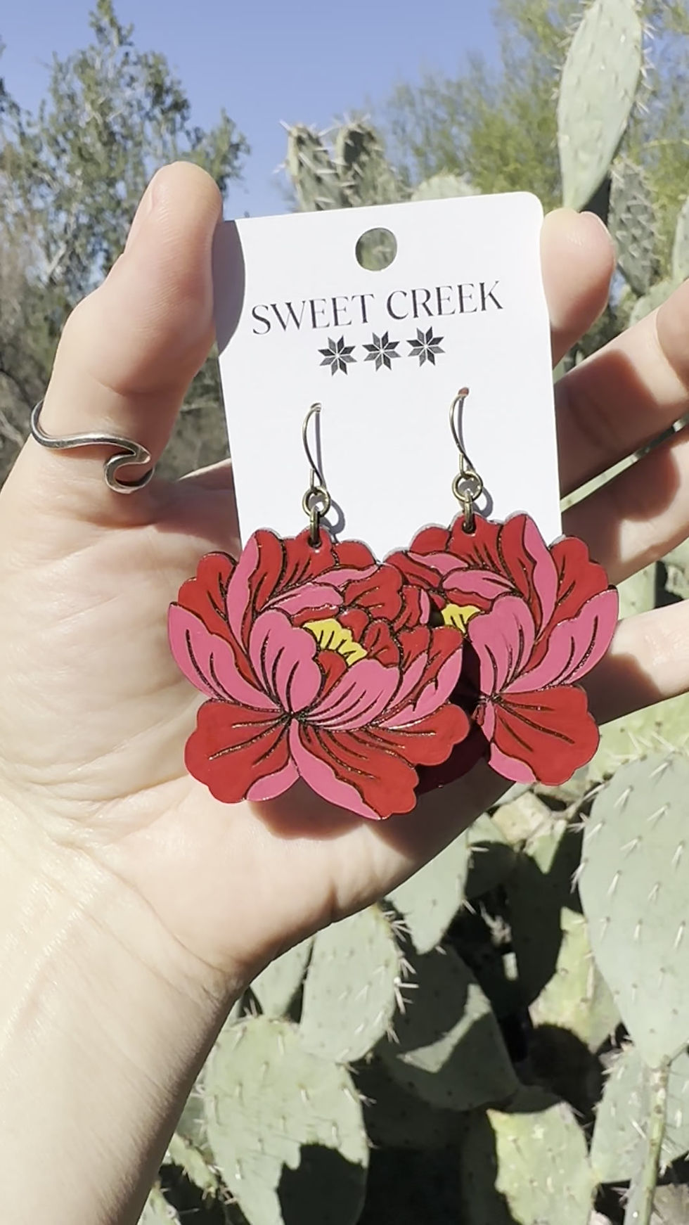 Thumbnail: Handcrafted bold pink leather peony earrings lightweight hand painted flowers