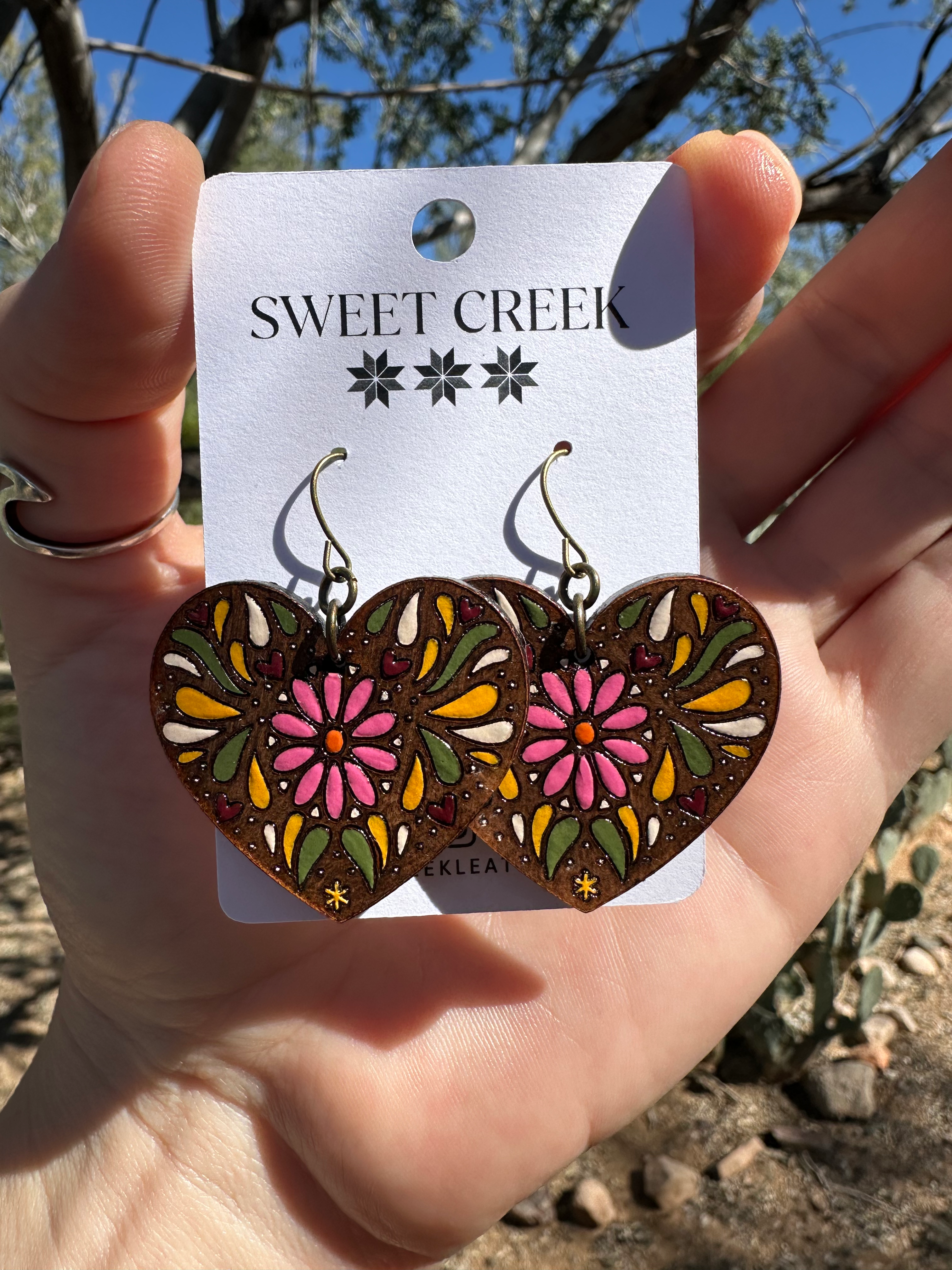 READY-TO-SHIP Medium Leather Heart Earrings - Multi-Color w/ Brown