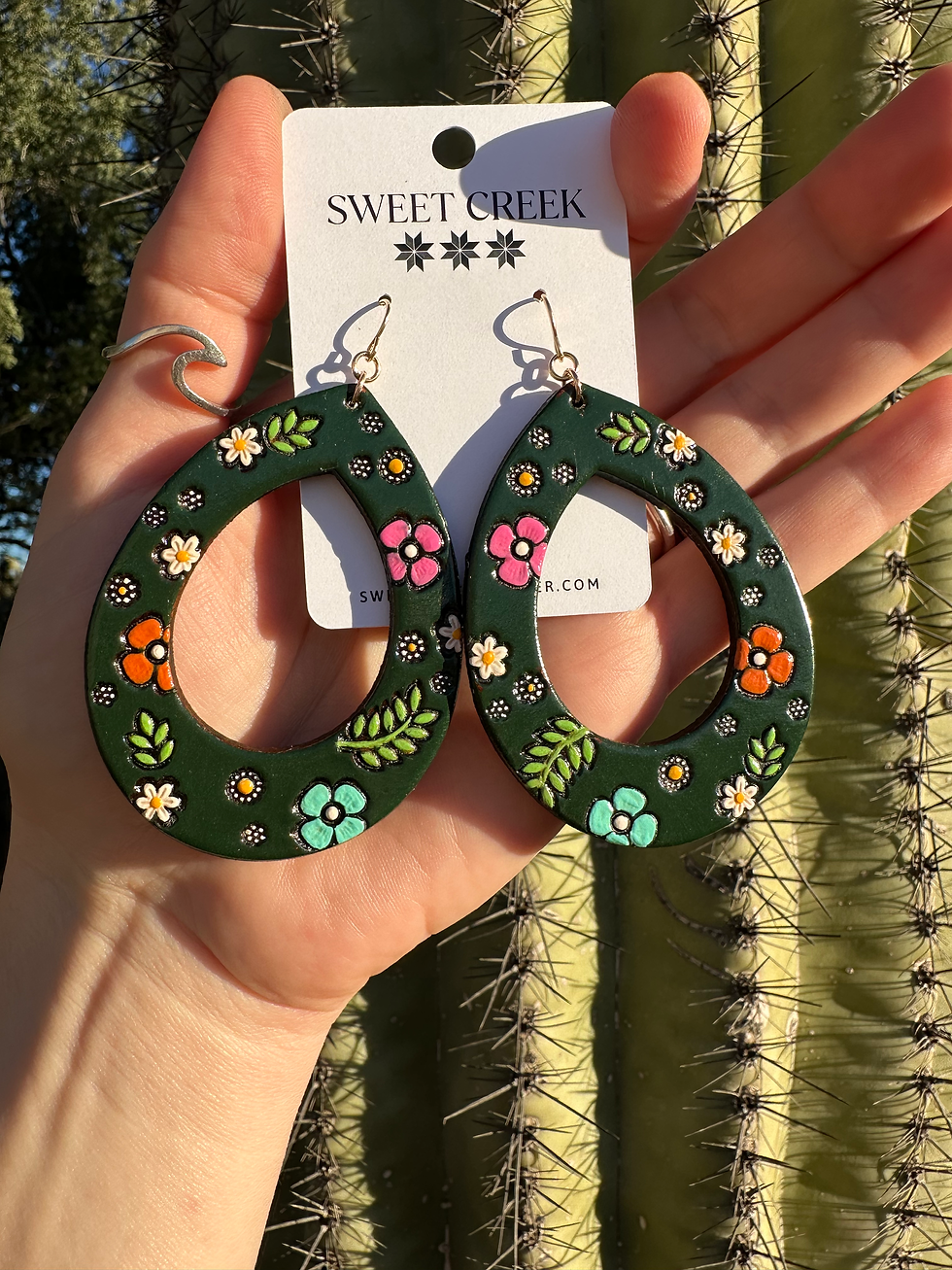 Handcrafted Leather Flower Earrings Colorful Hand Stamped Hand Painted Lightweight Green