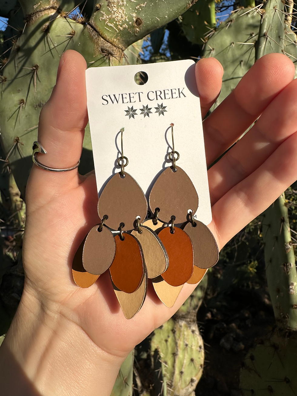 Thumbnail: Flower Petal Leather Dangle Earrings in Multi-Color Neutrals