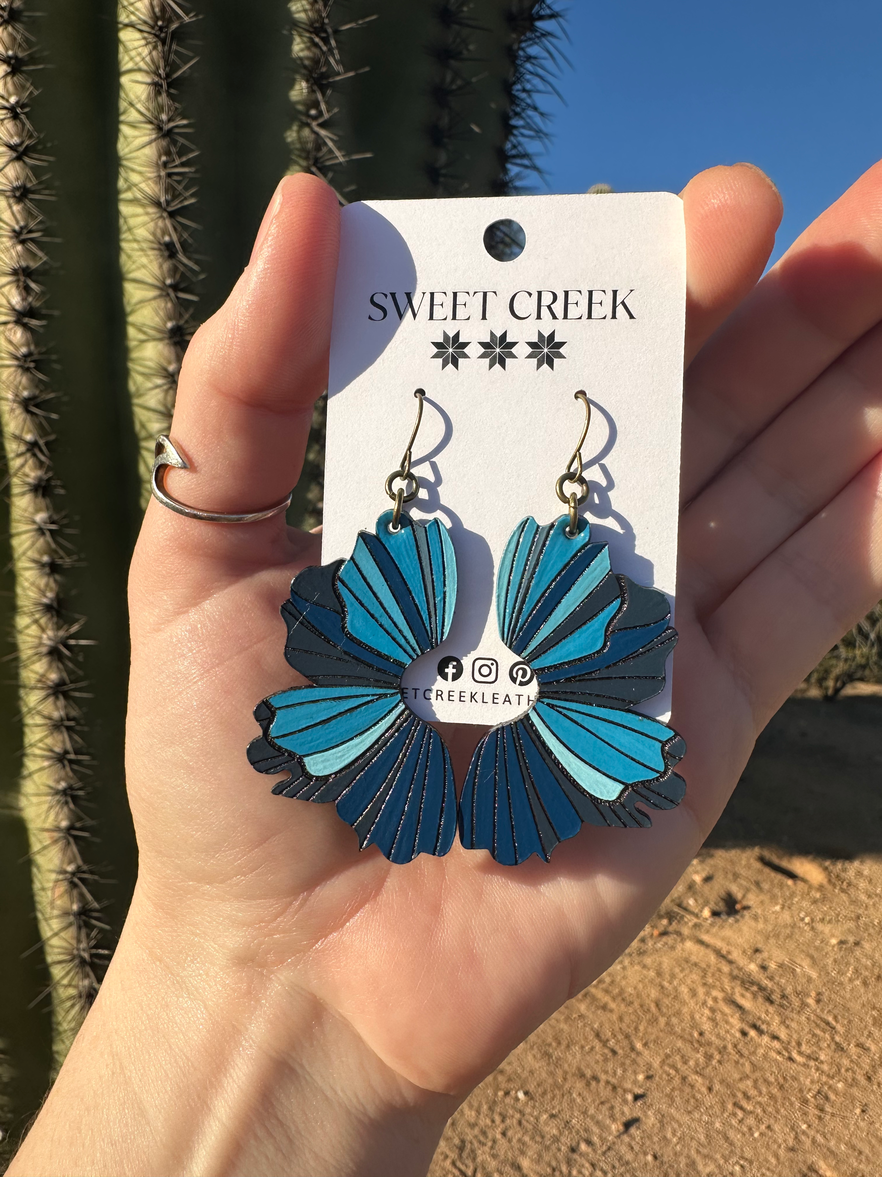 Ocean Peony Leather Earrings I Bold Blue Floral Earrings I Lightweight