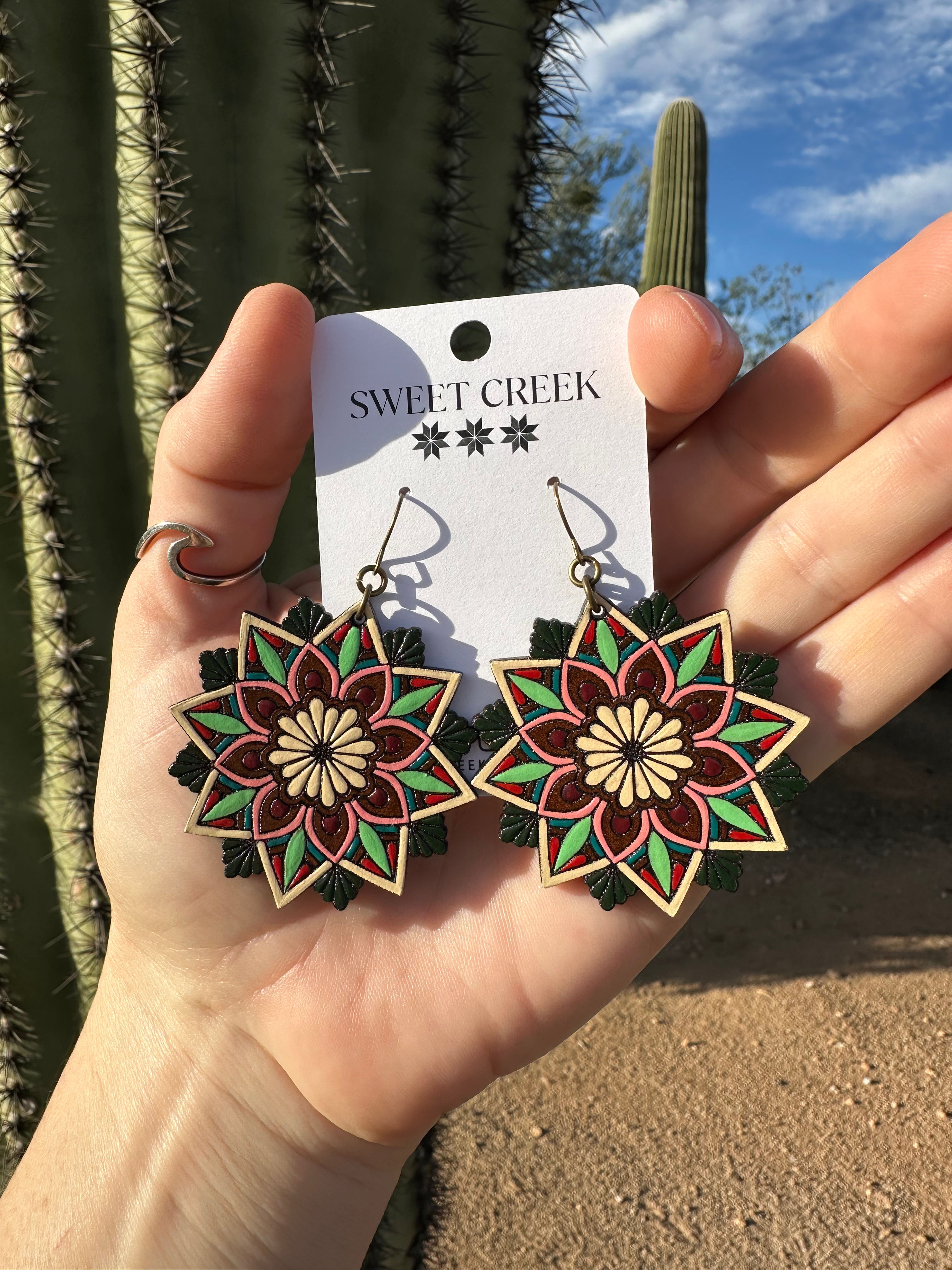 READY-TO-SHIP Medium Leather Floral Earrings - Multi- Greens, Reds, Pink, Cream