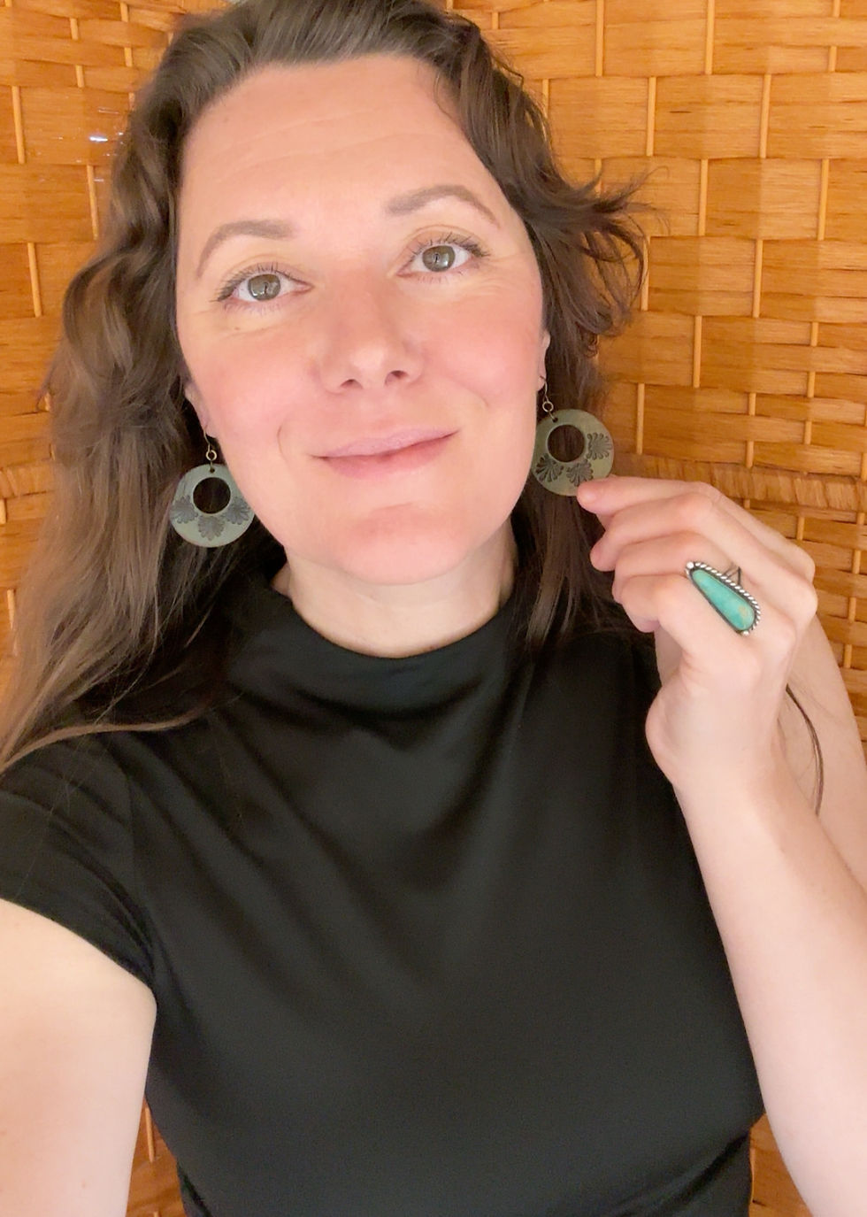 Thumbnail: Shell Leather Hoop Earrings I Green Statement Earrings I Modern Boho