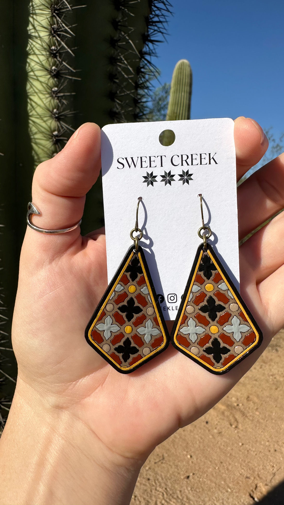 Handcrafted Detailed Leather Earrings Lightweight Moroccan Tile Hand Painted Unique One of a Kind Bohemian