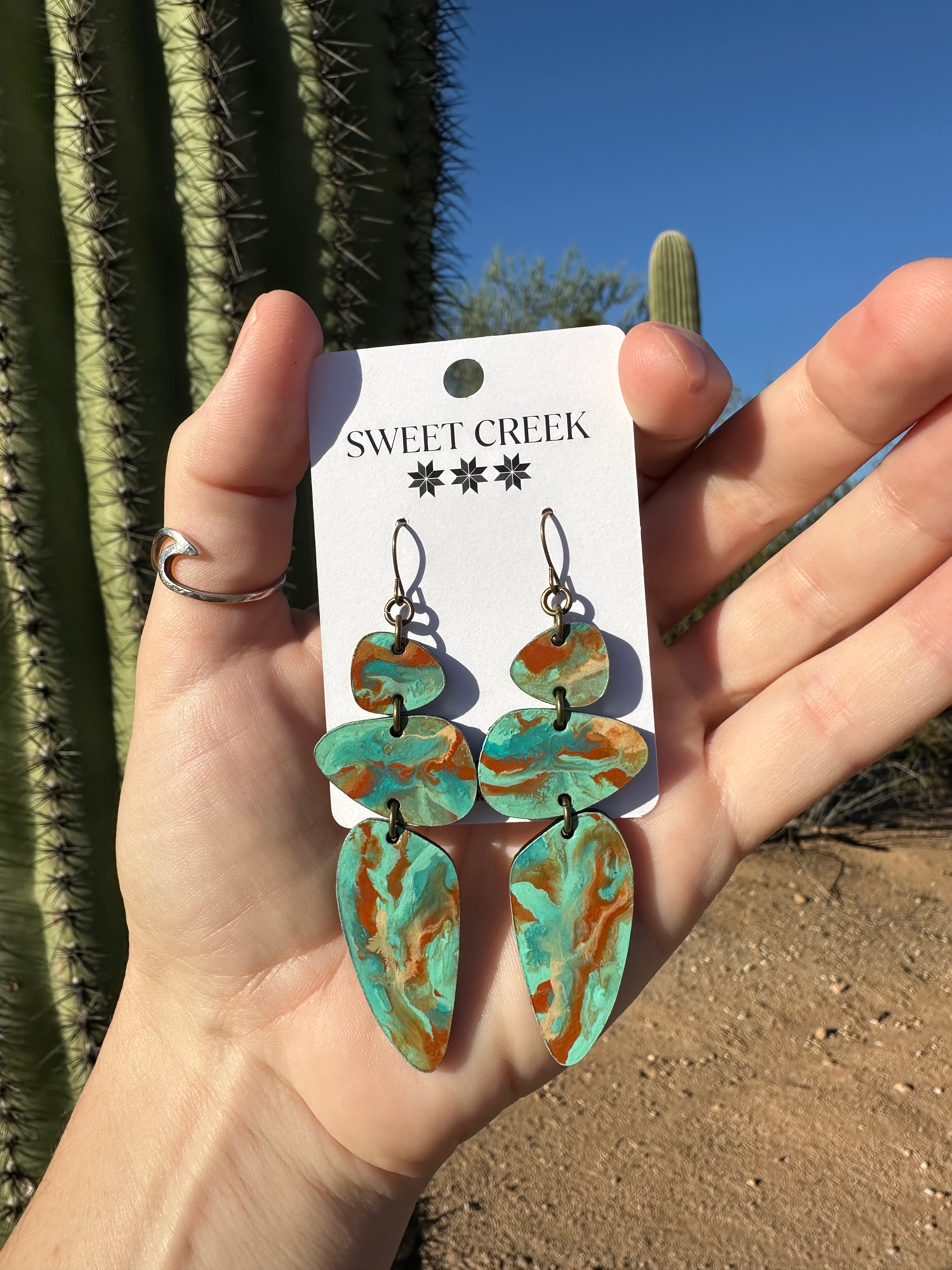 Handcrafted Leather Turquoise Slab Earrings Hand-Painted Lightweight Faux Gemstone