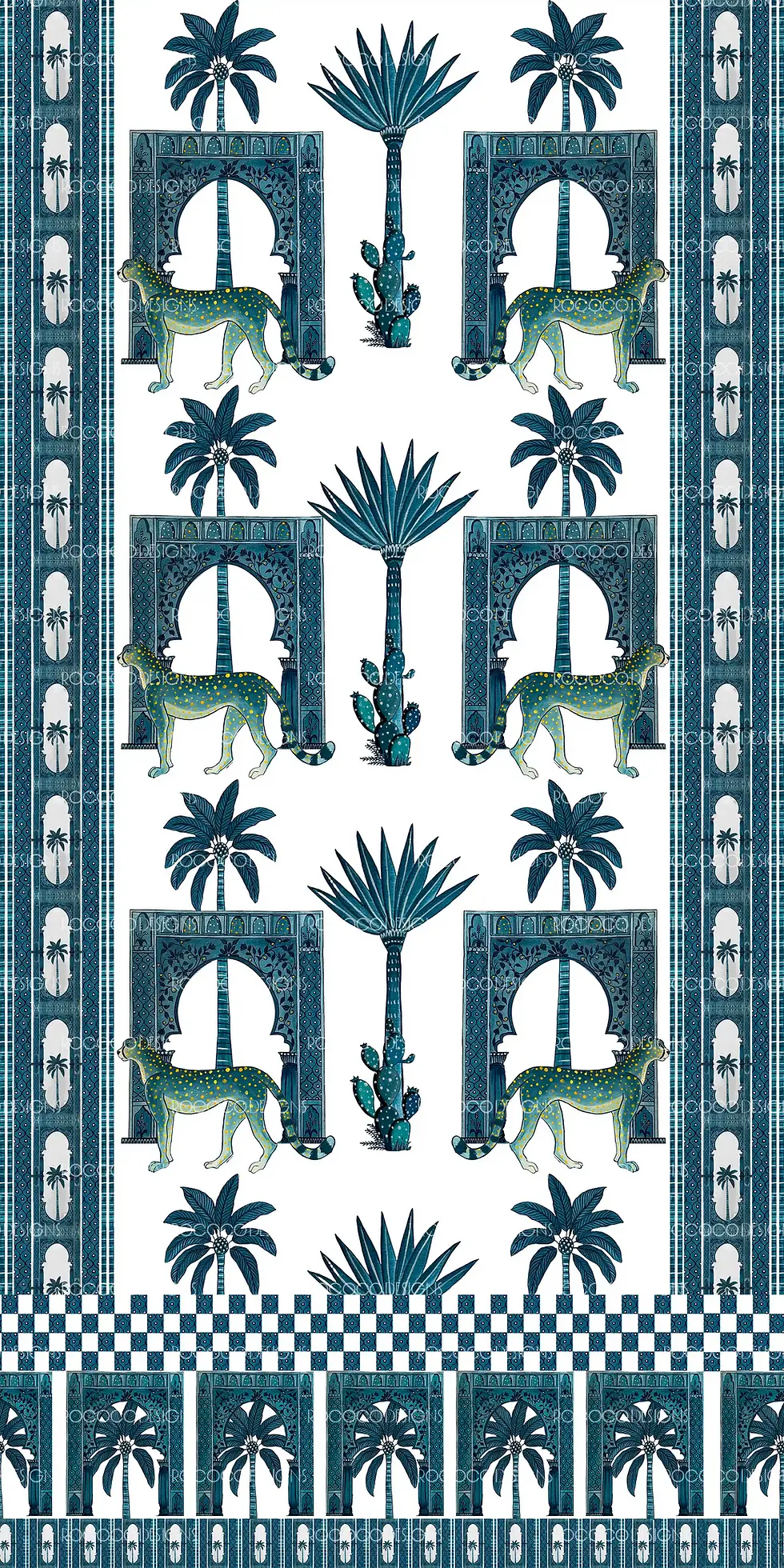 Luxury cheetah border surface pattern with arches, palm trees, and ornamental motifs in teal and ivory for scarves and fashio