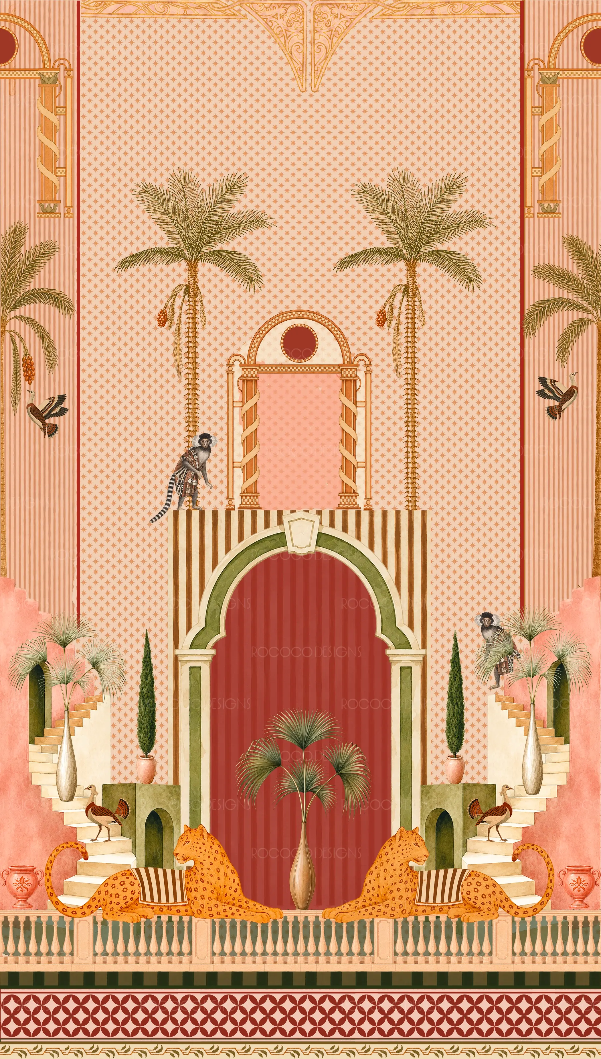 ORANGO tropical safari pattern with leopards, palms and birds