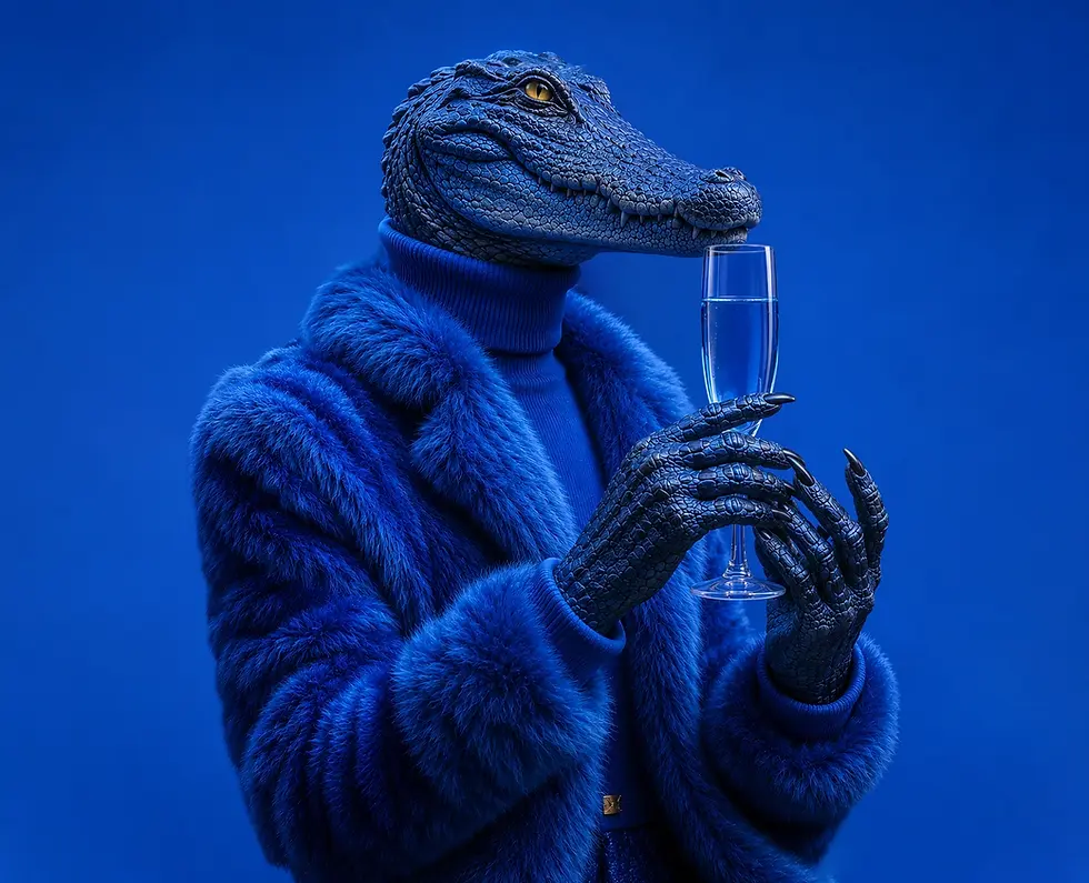 Luminous Blue, the WGSN and Coloro Colour of the Year 2027, represented by a blue gharial holding a glass, expressing luxury, creativity, and contemporary design.