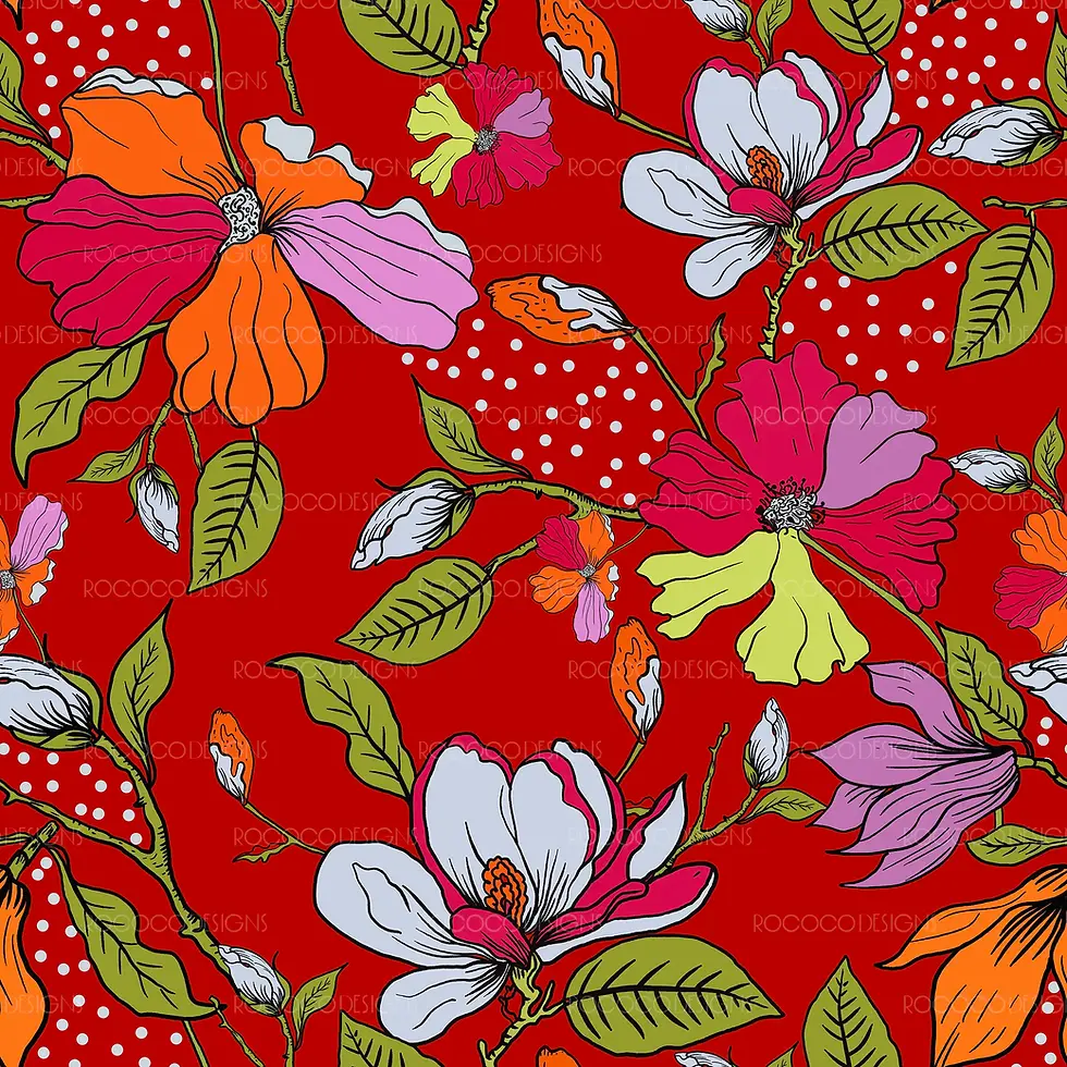 Bright Flourish vibrant floral surface pattern with bold botanical flowers and leaves
