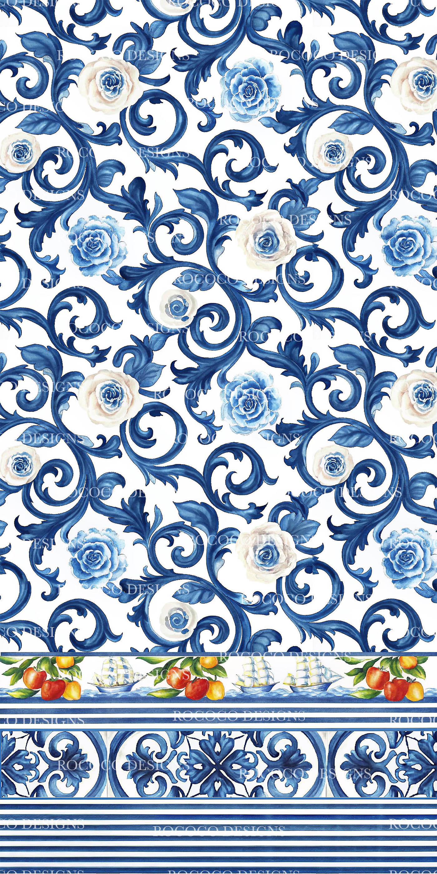 Seamless Majolica-style ceramic print featuring citrus fruits, traditional motifs, and ornate tile designs