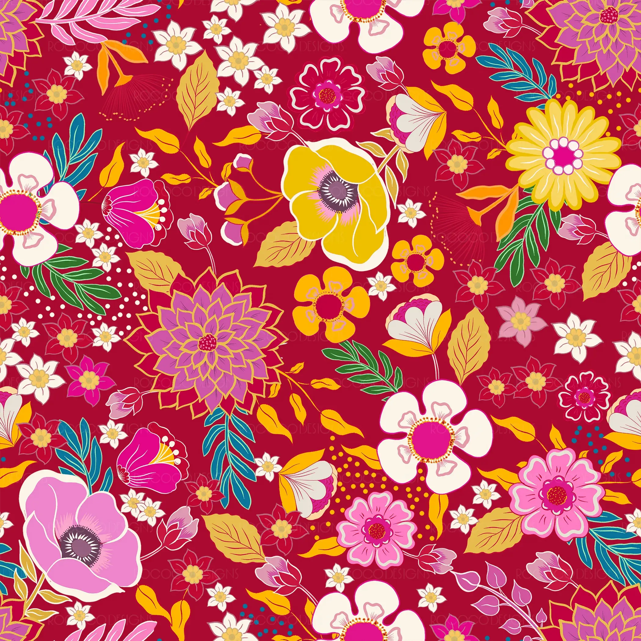 Color Bloom vibrant floral surface pattern with colorful botanical flowers and leaves
