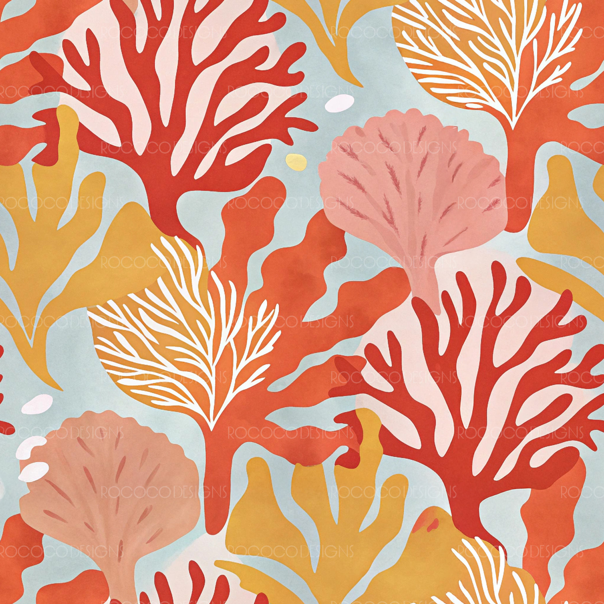 Tropical Reef seamless surface pattern featuring hand-painted coral reef and marine botanical motifs in soft coastal colours