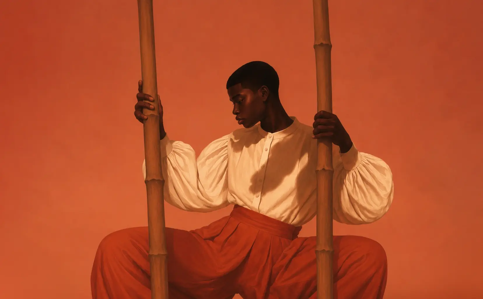 Editorial fashion portrait in Radiant Earth tones cream blouse and burnt terracotta trousers, Colour of the Year 2028
