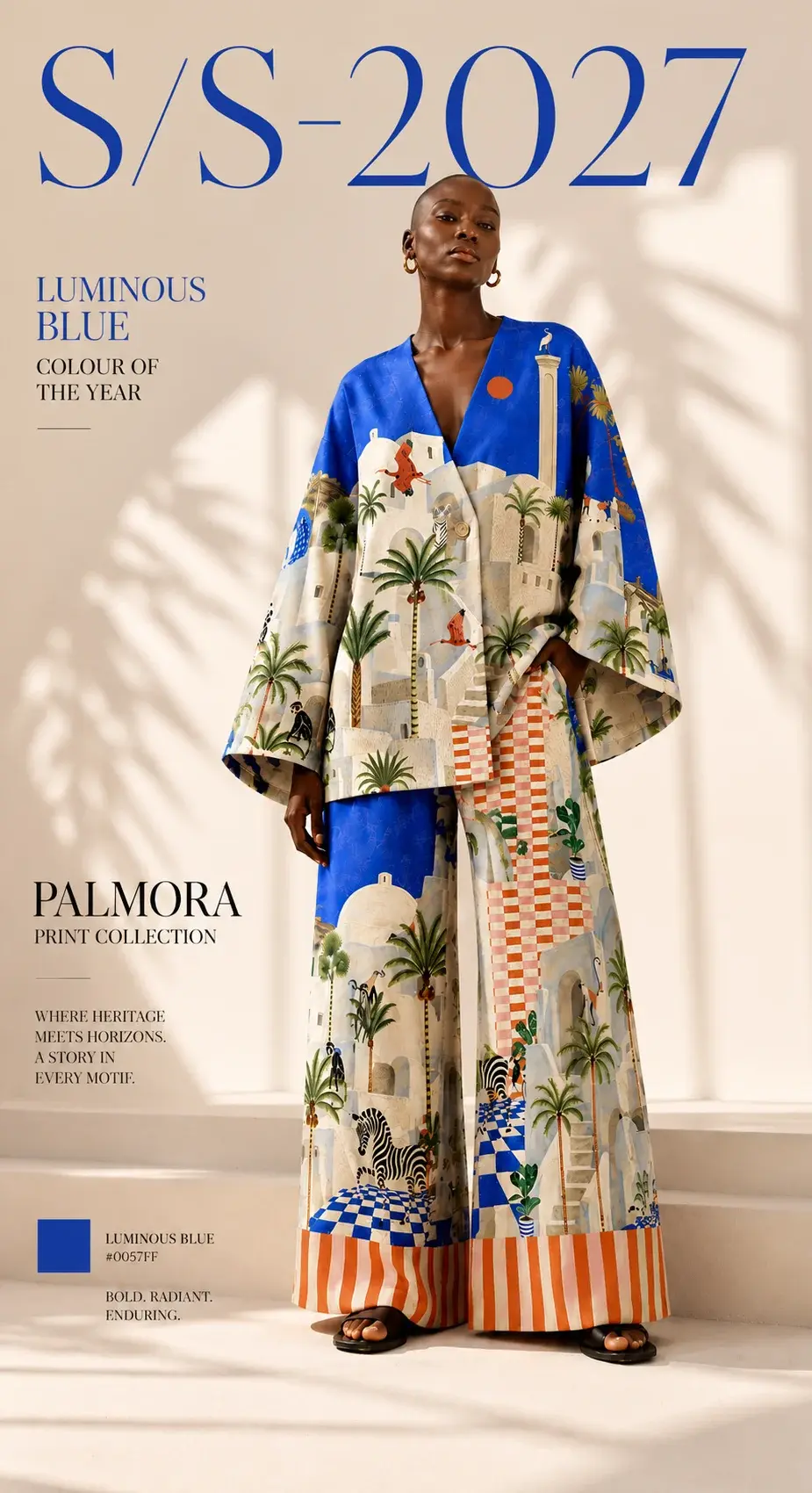Thumbnail: Palmora SS27 Luminous Blue Mediterranean fashion print by Rococodesigns Surface Pattern Studio