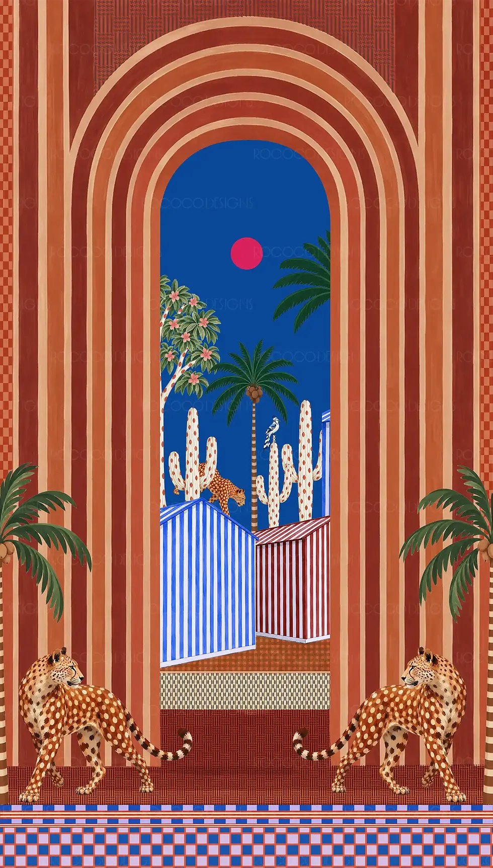 Orana tropical safari surface pattern design with cheetahs and palms