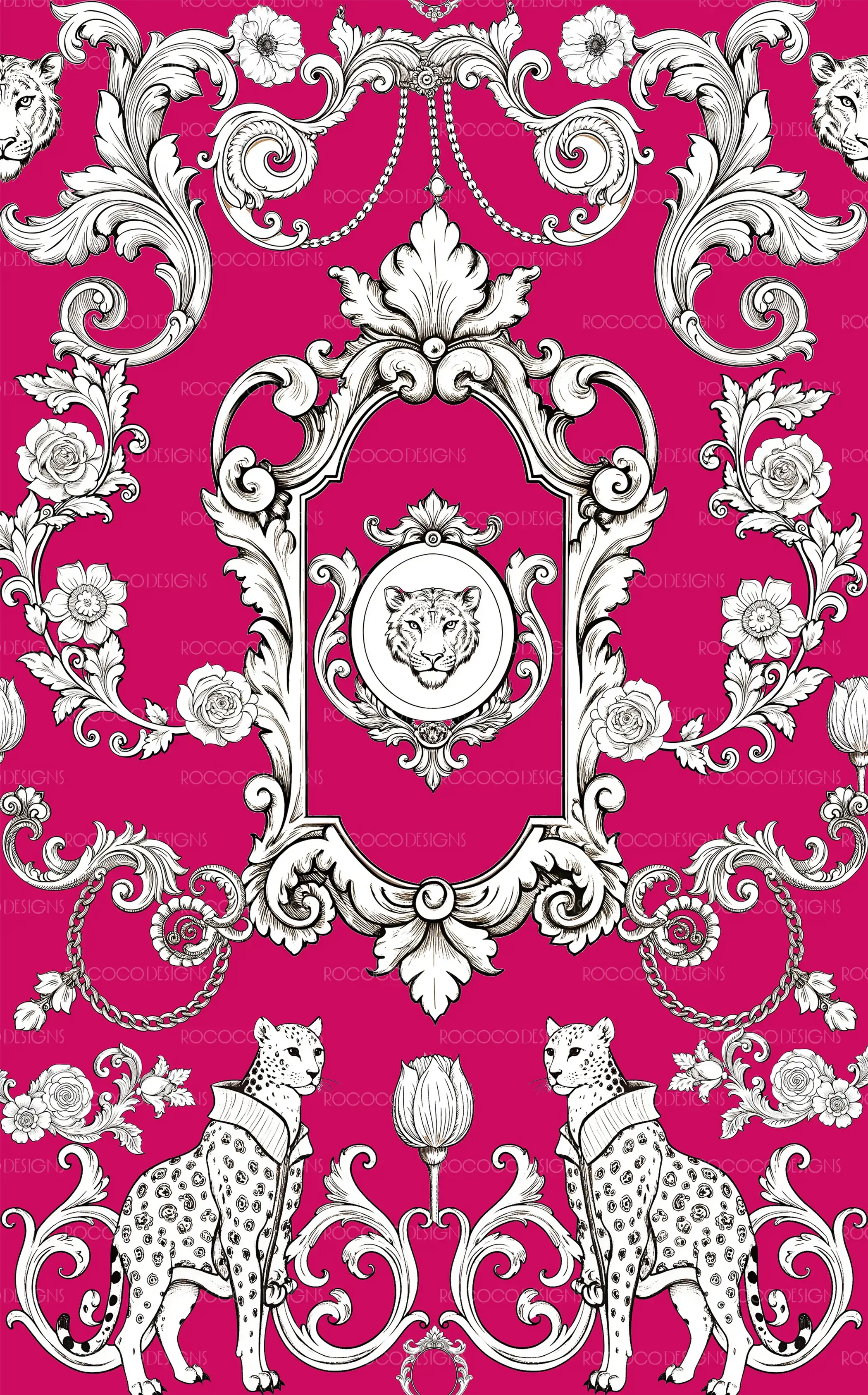 Nairobi Luxe luxury baroque safari placement print with rococo frame, lion crest, and cheetahs