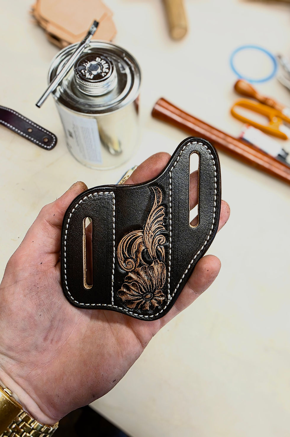 Thumbnail: Floral Tooled Pancake Style Knife Scabbard