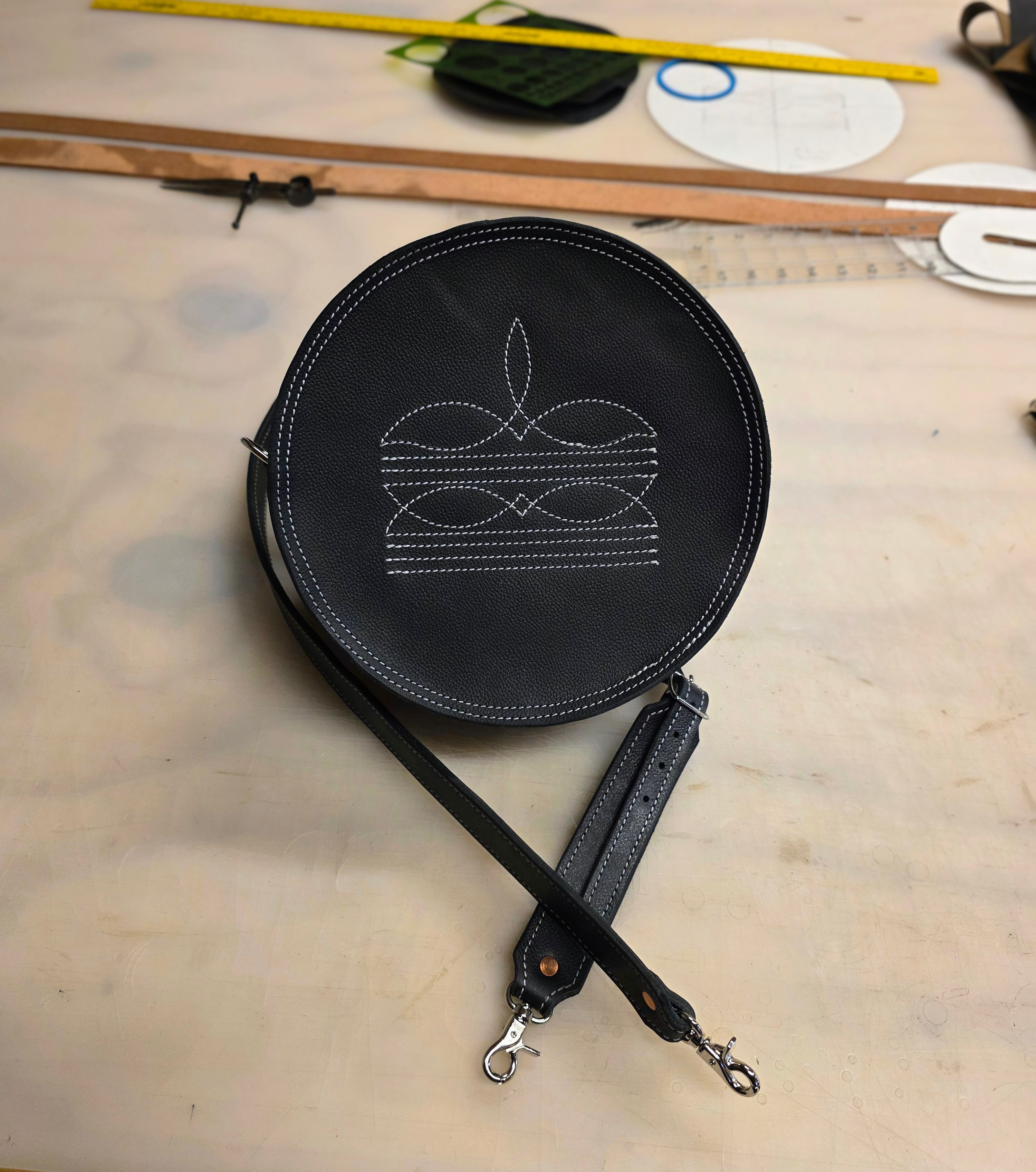 Black 10" Boot Stitched Round Purse