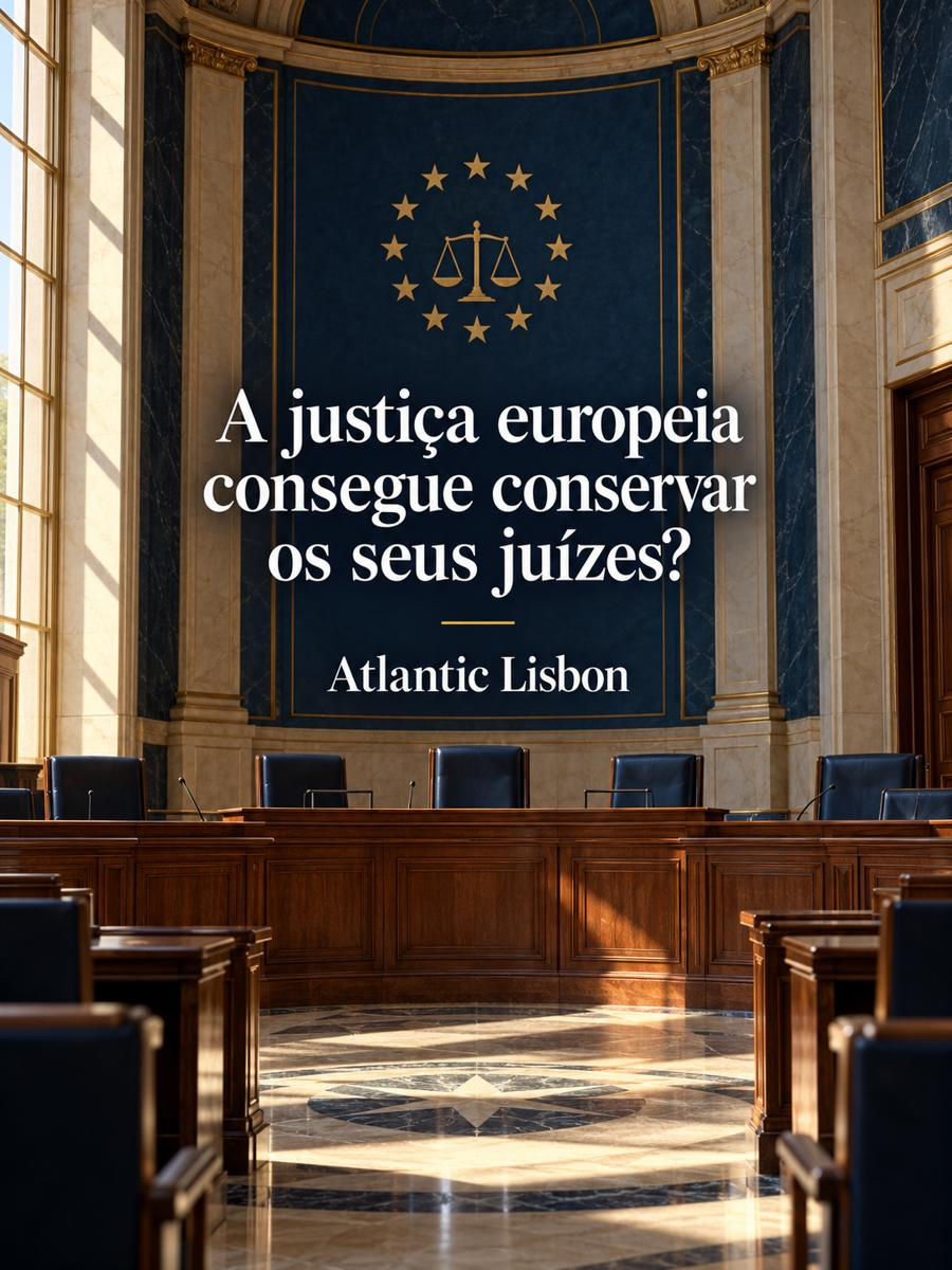 Capa com o sistema judicial e a frase: A justiça europeia consegue conservar os seus juízes?