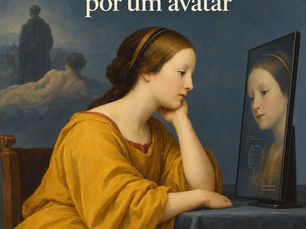Mulher vestida de ocre observa um avatar semelhante ao seu num ecrã, com um homem de pé e outro reclinado ao fundo.