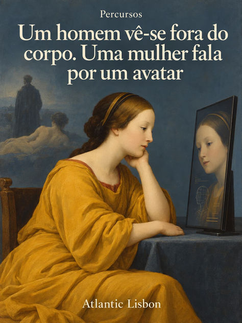 Mulher vestida de ocre observa um avatar semelhante ao seu num ecrã, com um homem de pé e outro reclinado ao fundo.