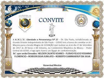 Loja do Grande Oriente Independente de São Paulo realiza sessão magna de elevação e solicita divulgação do CONVITE