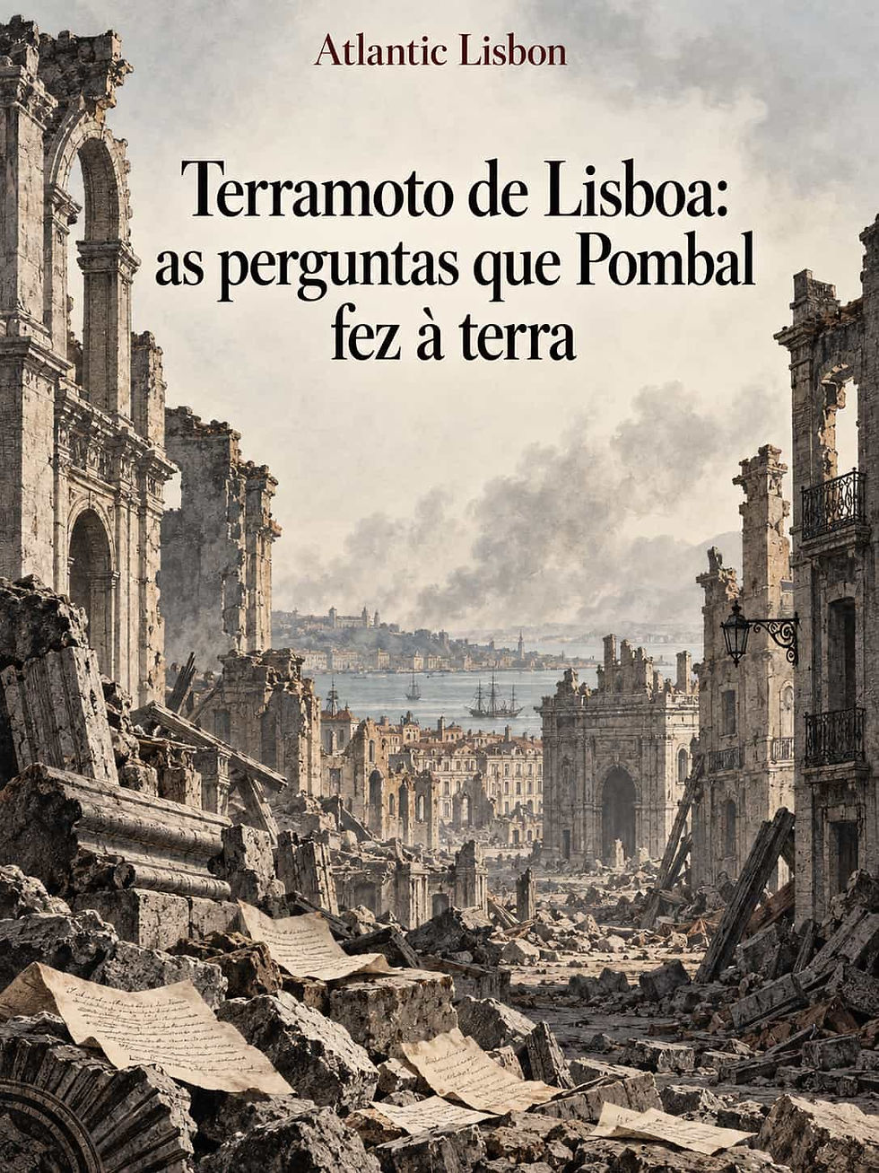 Capa sobre o terramoto de Lisboa de 1755, com a cidade destruída e documentos entre os escombros.