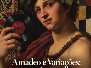 Capa de Amadeo e Variações com uma figura de pintura clássica a segurar um disco de vinil, entre um tecido floral e formas geométricas.
