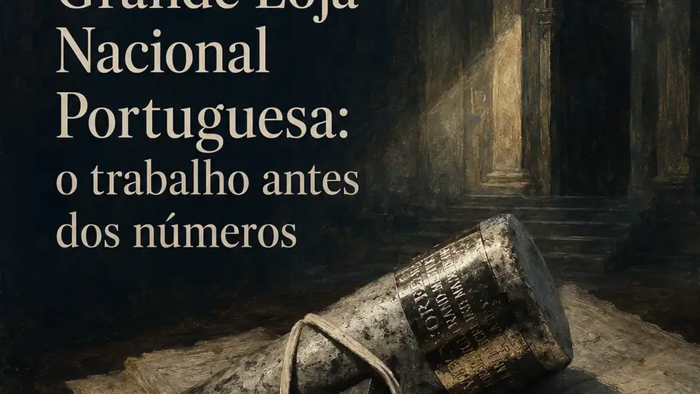 Capa editorial My Fraternity com malhete gasto sobre documentos, entrada maçónica em fundo escuro e título “Grande Loja Nacional Portuguesa: o trabalho antes dos números”.
