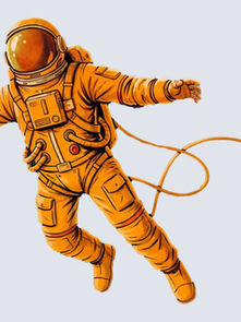 Ilustração de um astronauta em fato espacial laranja, flutuando sobre fundo claro com um cabo preso ao equipamento.