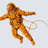 Ilustração de um astronauta em fato espacial laranja, flutuando sobre fundo claro com um cabo preso ao equipamento.