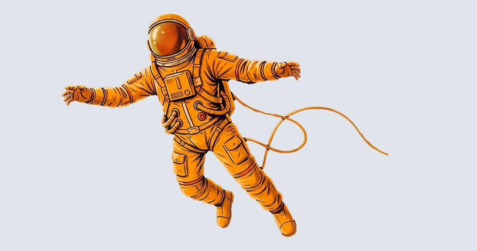 Astronauta desenhado em estilo gráfico, suspenso no vazio com braços abertos e cabo de ligação estendido para trás.