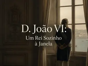 Ilustração de um homem com casaca escura e faixa de honra, visto de costas, parado junto a uma janela ampla de um salão com brasão português na parede, a olhar para um porto com barcos ao longe.
