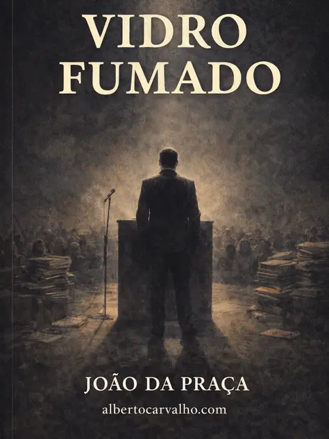 Ilustração de um carro com vidro fumado refletindo um rosto, símbolo do poder isolado do mundo real.