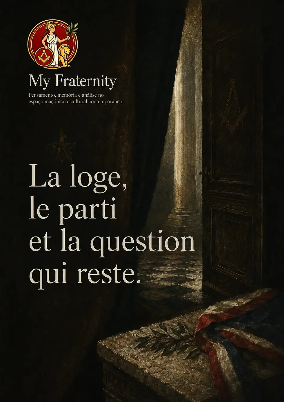 Couverture My Fraternity sombre montrant une porte entrouverte, un sol à damier, un symbole maçonnique discret et le titre « La loge, le parti et la question qui reste ».