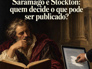 Capa de Saramago e Stockton: um homem lê um livro aberto enquanto uma mão apaga texto num computador, entre colunas clássicas.