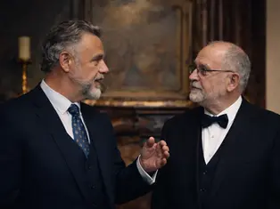 Men in conversation in a historic hall — Masonic fellowship