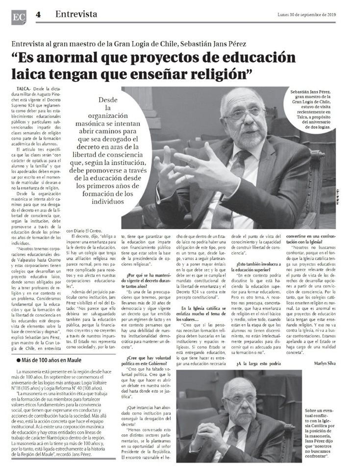 G.'. M.'. Sebastián Jans Pérez | G.'. L.'. Chile
