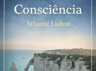 Capa tipo livro: “A Indústria da Boa Consciência” (Atlantic Lisbon), com falésias atlânticas e albertocarvalho.com