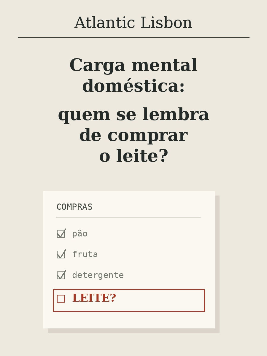 Capa sobre carga mental doméstica, com uma lista de compras e a palavra «leite» por assinalar, sob o título e Atlantic Lisbon.