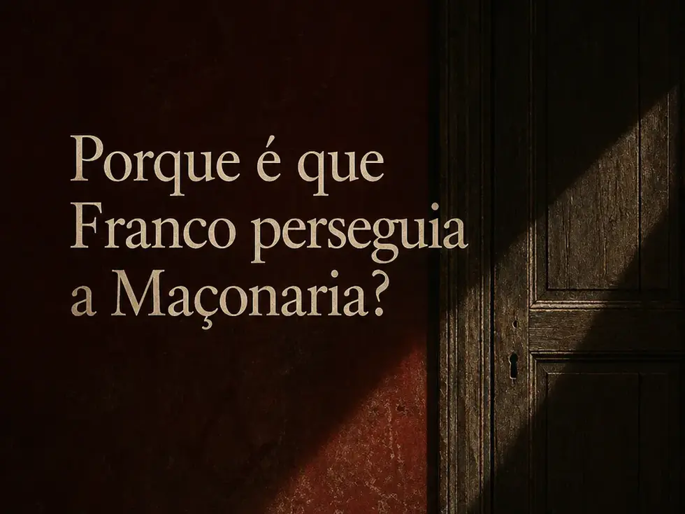 Capa do artigo “Porque é que Franco perseguia a Maçonaria?”, com uma porta escura, parede vermelha envelhecida e símbolo maçónico quase apagado.