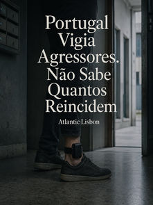 Homem com pulseira eletrónica no tornozelo, num corredor, sob o título «Portugal Vigia Agressores. Não Sabe Quantos Reincidem».
