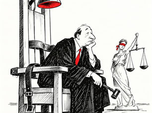 Cartoon editorial em traço clássico que representa um juiz sentado numa cadeira de execução, enquanto a Justiça surge ao fundo com a balança, questionando a pena de morte.